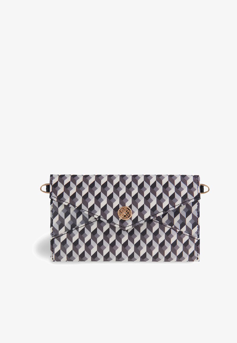 Black and white geometric patterned clutch wallet with a fold-over design, featuring a gold button closure and metal hardware accents.