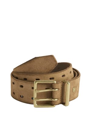 Rolled tan suede belt with a double-prong brass buckle and evenly spaced rectangular holes along the strap.