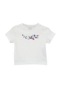 Weißes Baumwoll-T-Shirt mit kurzen Ärmeln und Rundhalsausschnitt, verziert mit buntem Textdruck, der "kleiner toller Typ" liest.