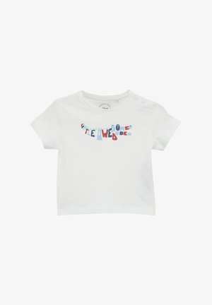 Weißes Baumwoll-T-Shirt mit kurzen Ärmeln und Rundhalsausschnitt, verziert mit buntem Textdruck, der "kleiner toller Typ" liest.