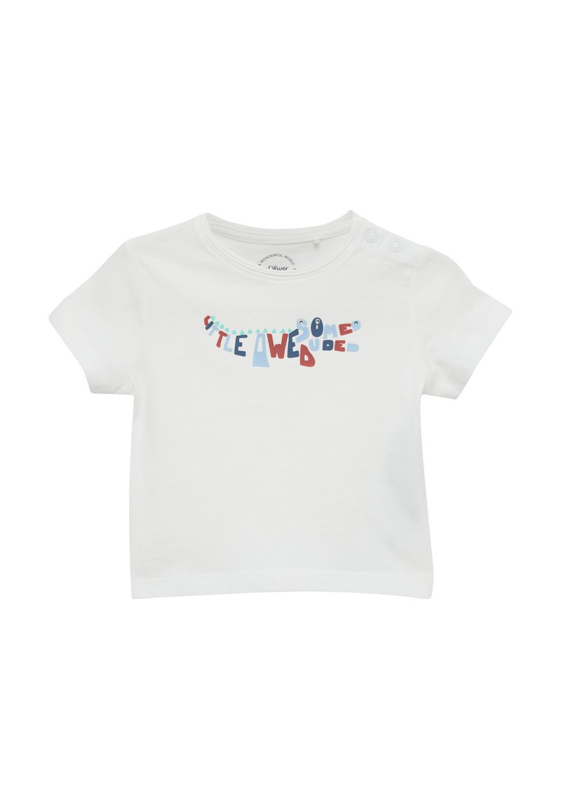 Weißes Baumwoll-T-Shirt mit kurzen Ärmeln und Rundhalsausschnitt, verziert mit buntem Textdruck, der "kleiner toller Typ" liest.