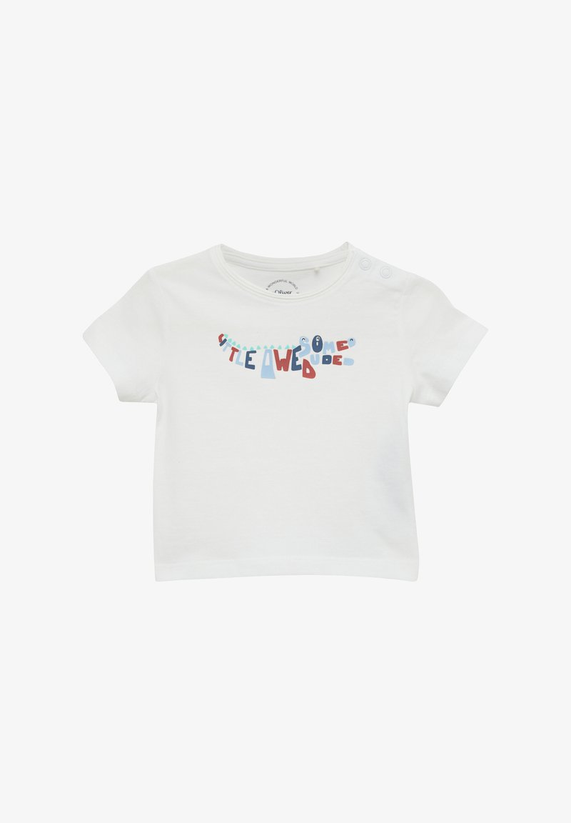 Weißes Baumwoll-T-Shirt mit kurzen Ärmeln und Rundhalsausschnitt, verziert mit buntem Textdruck, der "kleiner toller Typ" liest.