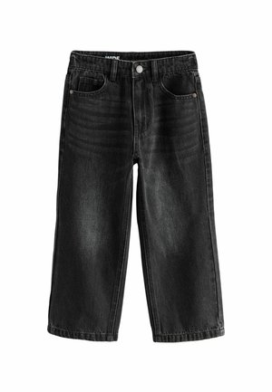 Jean en denim noir à jambes larges avec poches avant, fermeture à bouton, passants de ceinture et léger délavage subtil sur les cuisses.