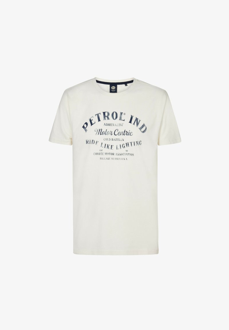 Hvid bomulds T-shirt med et buet blåt grafisk tekstdesign med logoer og sætninger på fronten. Korte ærmer og rund halsudskæring.