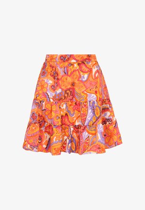 Rövid, bővülő szoknya élénk narancssárga, rózsaszín, lila virág- és absztrakt mintákkal, réteges fodrokkal és szabott derékpánttal.