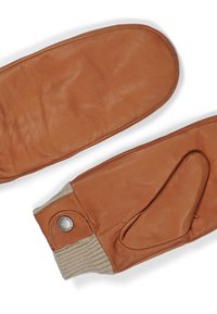 Brune læderhandsker med ribbet grå manchet, der har en tommeltotåbning på den ene handske og en metalaccent på manchetten. Tekstureret finish.