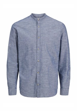 Mėlyna, ilgomis rankovėmis marškinėliai su mandarinų apykakle. Pagaminta iš tekstūruoto, lengvo audinio su subtiliais skirtumais. Mygtukai priekyje.