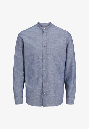 Blauw, lang mouw button-up shirt met een Mandarin kraag. Gemaakt van een gestructureerde, lichte stof met subtiele variaties. Knopen aan de voorkant.