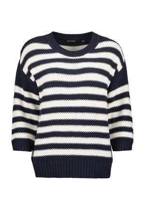 Maglione a righe blu marino e crema con scollatura a V, maniche a tre quarti e orli e polsini a coste. Tessuto strutturato con dettagli in punto aperto.
