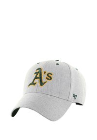 Graue Baseballmütze mit gebogener Krempe, die mit einem grünen und gelben gestickten "A's"-Logo und subtiler Textur versehen ist. Kleines "47"-Logo an der Seite.