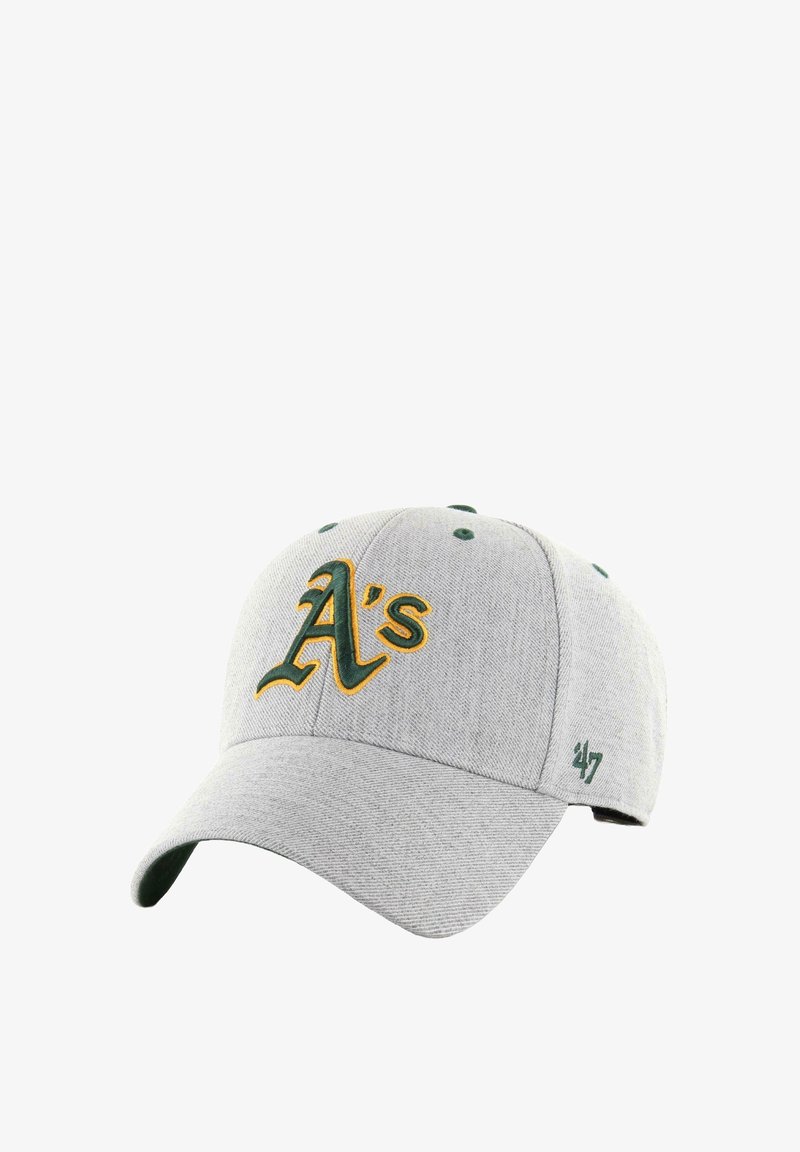 Graue Baseballmütze mit gebogener Krempe, die mit einem grünen und gelben gestickten "A's"-Logo und subtiler Textur versehen ist. Kleines "47"-Logo an der Seite.