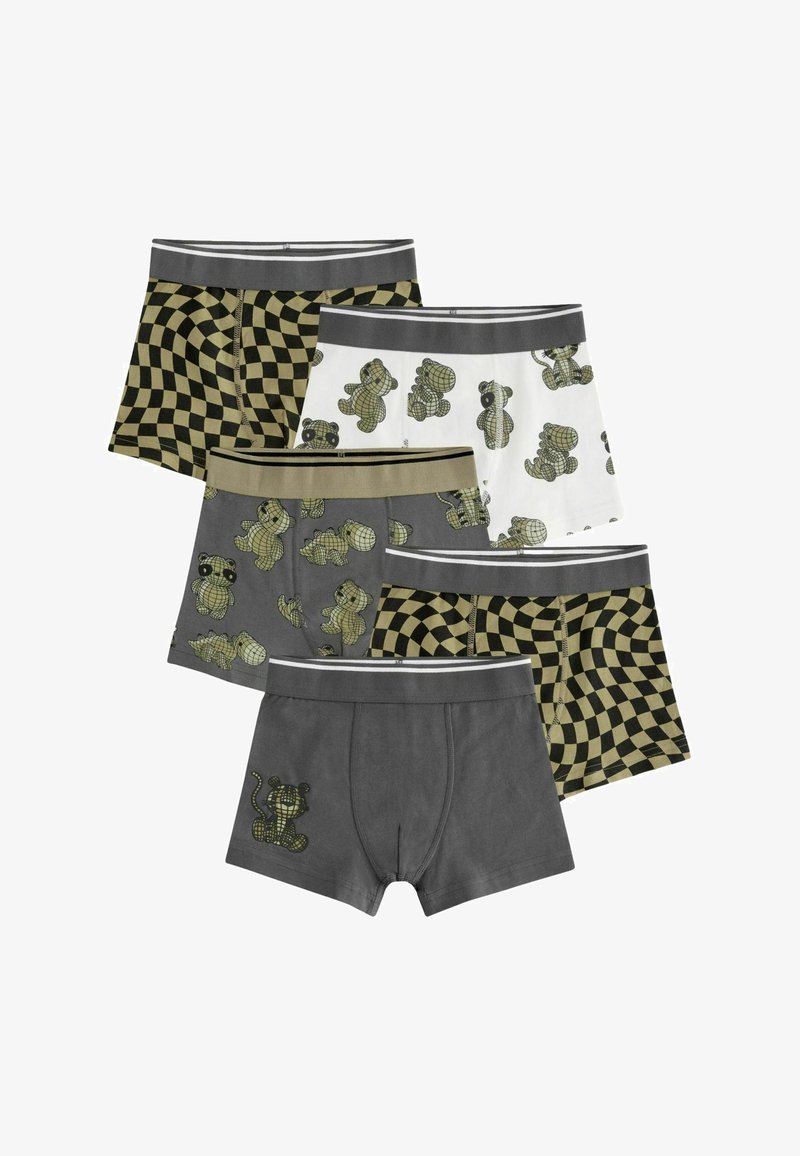 Pack de cinq boxers pour garçons en coton. Les designs incluent des motifs à carreaux et divers graphismes d'animaux en gris et blanc.