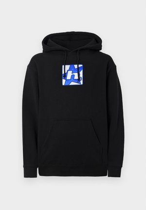 Black hoodie with a front kangaroo pocket, featuring a blue and white stylized graphic design on a square patch at the chest.