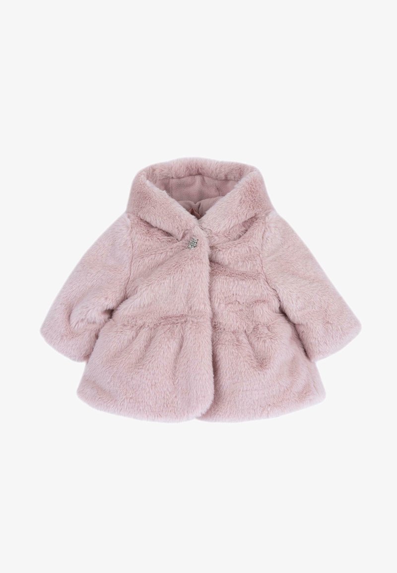 Manteau en fausse fourrure rose pâle douce pour tout-petit, col large, manches longues, taille froncée et une seule boucle décorative à l’avant.