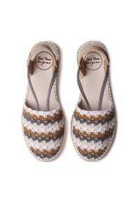 Woven espadrilles in beige, white, gray, and ochre stripes. Features elastic ankle straps and a natural jute sole. Lightweight and breathable.