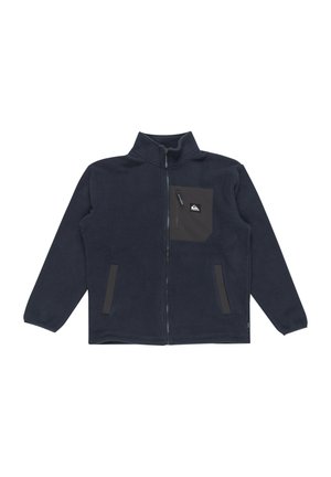 Marineblaue Fleecejacke mit hohem Kragen, Frontreißverschluss und einer linken Brusttasche mit einem dunkelgrauen Akzent und Logo.