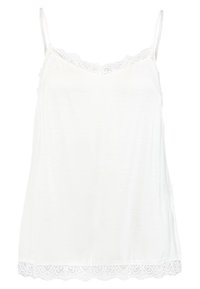 Camisole blanche avec bordure en dentelle au niveau de l'encolure et de l'ourlet, fines bretelles réglables et tissu doux et léger. Design simple, coupe droite.