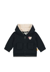 Zwarte hoodie met een zachte crèmekleurige voering, met een berenmotief op de borst, twee gerimpelde voorzakken en ribgebreide manchetten.