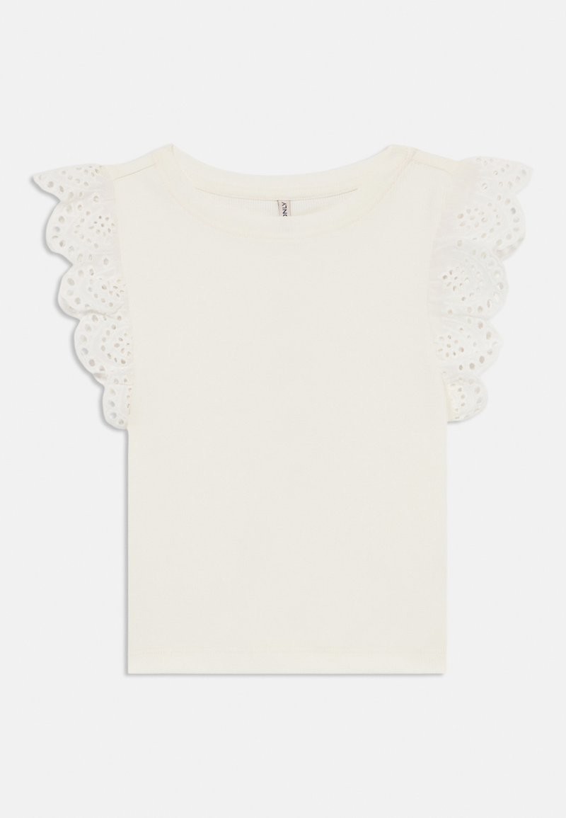 Krämfärgad t-shirt med korta ärmar som har spetskant och vågiga kanter. Mjuk tyg med rund halsringning och en enkel design.