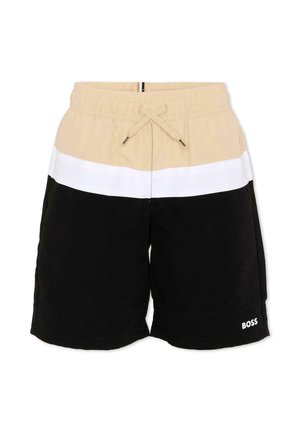 Costume da bagno da uomo con fascia beige in vita, striscia bianca centrale, sezione inferiore nera, vita elastica con coulisse e logo "BOSS" sulla gamba sinistra.