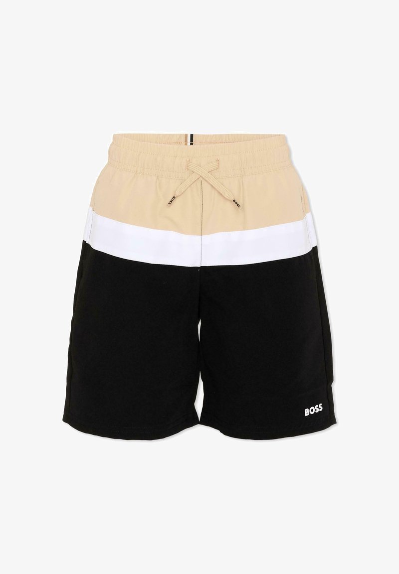Shorts de bain pour homme avec ceinture beige, bande blanche au milieu, section inférieure noire, taille élastique à cordon, et logo « BOSS » sur la jambe gauche.