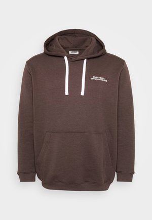 Brown hooded sweatshirt with white drawstrings, front kangaroo pocket, and small white text "CORE™ DEPT. ESTABLISHED 1990" on chest.