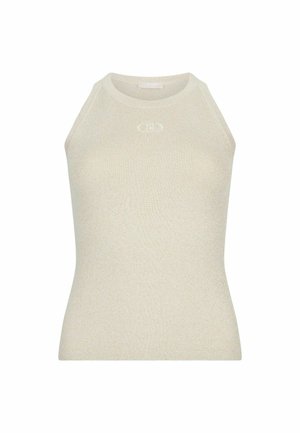 Top a coste senza maniche di colore beige chiaro con scollatura tonda. Presenta un discreto logo sul davanti, realizzato in un morbido tessuto testurizzato.