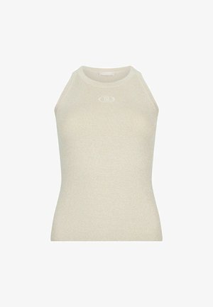 Rebrovani brezrokavnik v svetli bež barvi z okroglim izrezom. Ima subtilen logotip na sprednji strani, izdelan iz mehkega, teksturiranega materiala.