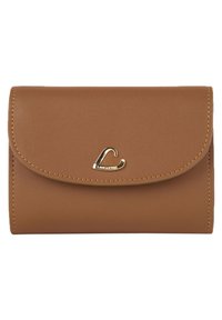 Portafoglio in pelle vegan marrone con logo "L" dorato, pattina arrotondata e dettagli di cucitura a vista. Forma rettangolare compatta per una facile conservazione.