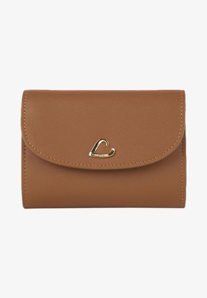 Brown vegan leather wallet with gold-tone "L" logo, rounded flap, and top-stitch detailing. Compact rectangular shape for easy storage.