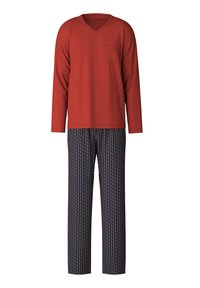 Rode langärmige V-hals top met een zak; gestreepte blauwe en donkerrode pyjamabroek met verticale strepen en kleine, kleurrijke accenten.