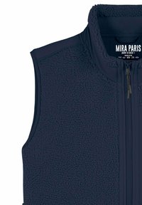 Veste sans manches en polaire bleu marine avec une fermeture éclair à l'avant et un col montant, arborant la marque "MIRA PARIS BORN TO ROCK" à l'intérieur du col.