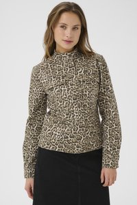 Leopardenmuster-Jacke in Beige- und Brauntönen, mit hohem Kragen, Knopfverschluss und zwei frontalen Taschen. Glatte Stofftextur.