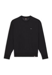 Sweat-shirt à manches longues noir à col rond avec petit logo blanc "Dickies" sur la poitrine et étiquette logo colorée sur l'ourlet inférieur.