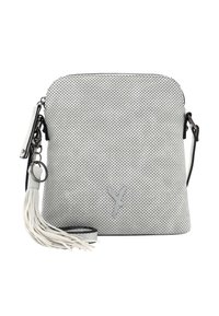 Borsa a tracolla grigia perforata con parte superiore arrotondata, una lunga tracolla regolabile e un tassello decorativo. Presenta un logo sottile sul davanti.