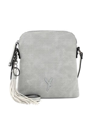 Borsa a tracolla grigia perforata con parte superiore arrotondata, una lunga tracolla regolabile e un tassello decorativo. Presenta un logo sottile sul davanti.