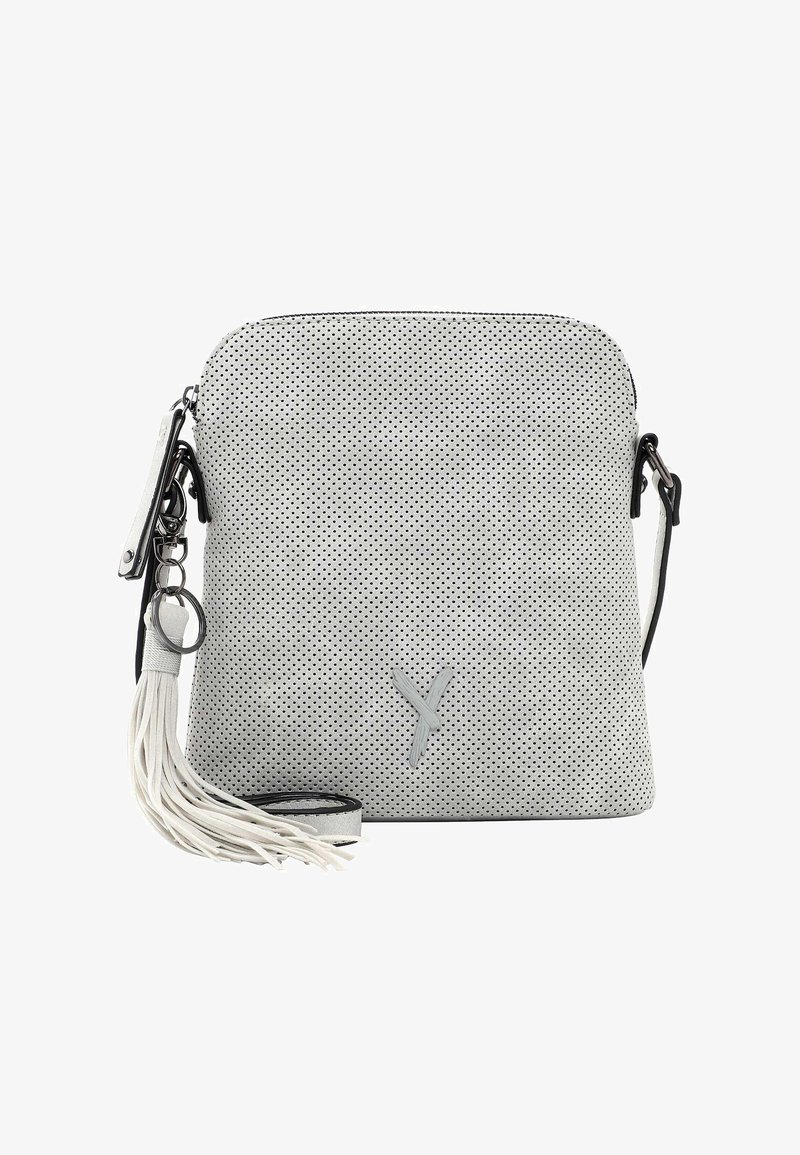 Borsa a tracolla grigia perforata con parte superiore arrotondata, una lunga tracolla regolabile e un tassello decorativo. Presenta un logo sottile sul davanti.