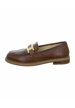 Brown leather loafer with a rounded toe, featuring a gold-toned buckle detail and contrasting light-colored sole. Smooth texture, classic design.