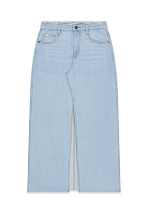 Jupe midi en denim bleu clair avec fente avant, passants pour ceinture, fermeture par boutons, et poches avant et arrière.