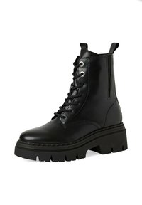 Melnas ādas potītes zābaki ar auklām priekšpusē, sudraba acīm un masīvu gumijas zoli ar teksturētu profilu.