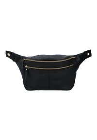 Schwarze Leder-Gürteltasche mit runder Form, ausgestattet mit zwei Taschen mit goldfarbenen Reißverschlüssen und runden Metallakzenten an den Riemen.