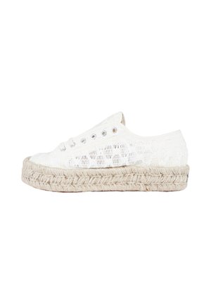 Baskets basses en dentelle blanche avec œillets, semelle plateforme en jute et texture tissée, vues de profil sur fond blanc.