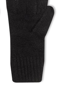 Svart strikket hanske med ribbestrikket mansjett, har fem fingre og en teksturert overflate, designet for varme og komfort.