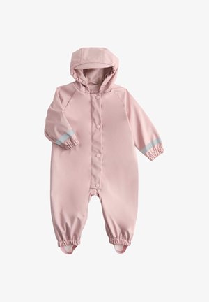 Lyserød vandtæt baby-dragtdragt med hætte, forreste trykknapper, elastiske ærmekanter, reflekterende ærmebånd og fodstropper.