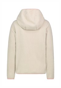 Roomkleurig fleecejack met capuchon en lange mouwen, gezien vanaf de achterkant, met lichtroze bies op de randen.