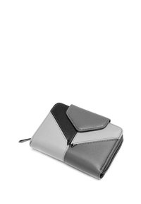 Tri-color wallet made of synthetic leather featuring a triangular design in black, light gray, and dark gray with a zip closure and flap.