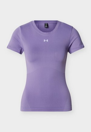 Purple short-sleeve fitted athletic shirt with round neck and white Under Armour logo centered on the chest.