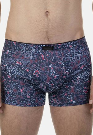 Men's boxer briefs featuring a dark blue and red abstract pattern. Made from smooth fabric with a snug fit and waistband label.