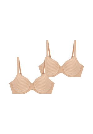 Reggiseni beige a righe con stecche, spalline regolabili, texture liscia e coppe arrotondate, esposti in coppia.