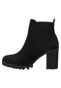 Black ankle boots with a suede-like material, chunky high heel, ribbed side panels, and textured outsole for traction.